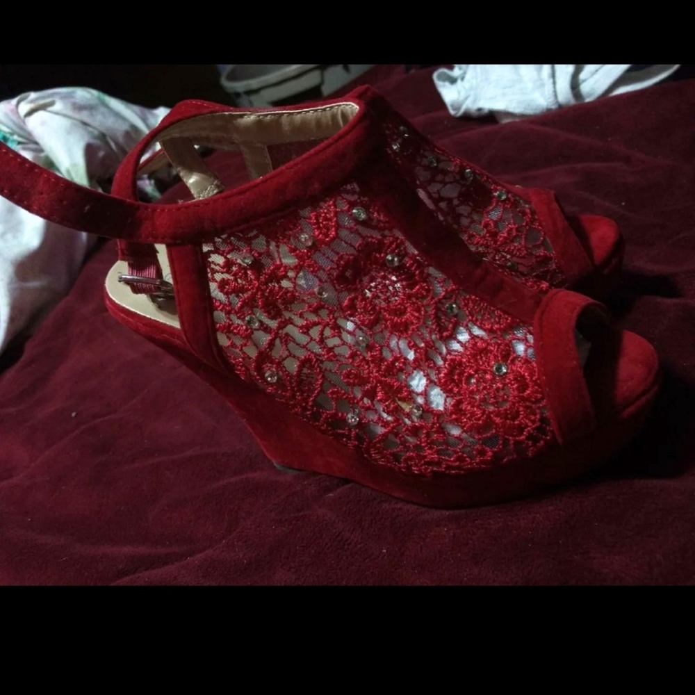 Lace Red Wedges heels